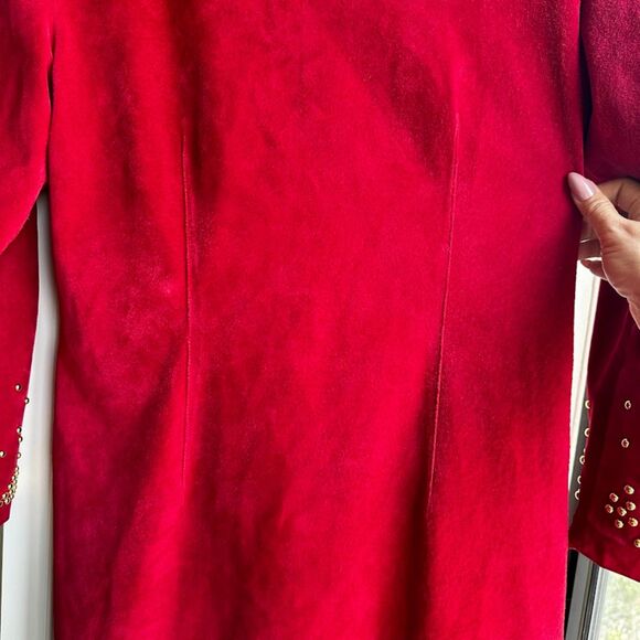 Vintage 80s Pia Rucci Gold Studded Red Suede Leather Dress size 14 - Picture 8 of 16